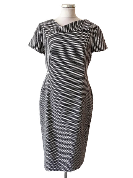 LK BENNETT NIEVE BLACK & WHITE SPOT SHORT SLEEVE PENCIL DRESS  SIZE 14