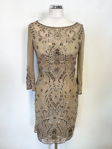 SUEWONG FOR NOCTURNE BEIGE/GOLD MESH OVERLAY SEQUIN &  BEAD TRIMMED SPECIAL OCCASION DRESS SIZE 6 UK 10