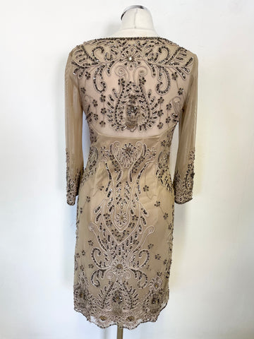 SUEWONG FOR NOCTURNE BEIGE/GOLD MESH OVERLAY SEQUIN &  BEAD TRIMMED SPECIAL OCCASION DRESS SIZE 6 UK 10