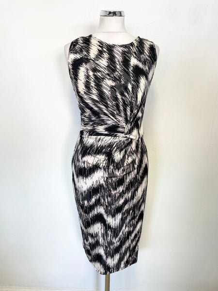 GHOST BLACK & IVORY PRINT TWIST FRONT SLEEVELESS PENCIL DRESS SIZE XS