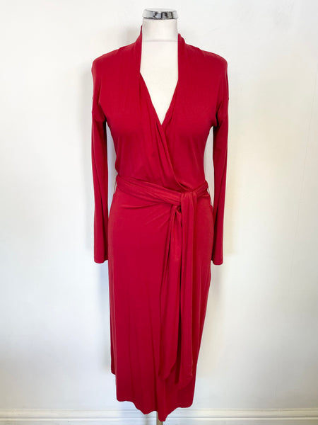LK BENNETT RED LONG SLEEVED JERSEY WRAP DRESS SIZE 8