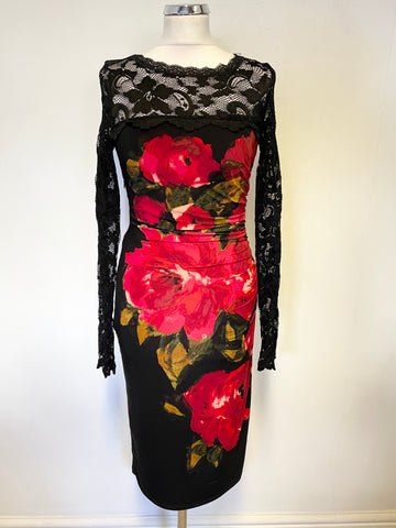 PHASE EIGHT BLACK & RED ROSE PRINT LACE BODICE LONG SLEEVE PENCIL DRESS SIZE 10