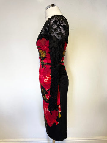 PHASE EIGHT BLACK & RED ROSE PRINT LACE BODICE LONG SLEEVE PENCIL DRESS SIZE 10