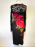 PHASE EIGHT BLACK & RED ROSE PRINT LACE BODICE LONG SLEEVE PENCIL DRESS SIZE 10
