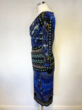 MARKS & SPENCER AUTOGRAPH BLUE MIX PRINT 3/4 SLEEVE PENCIL DRESS SIZE 8
