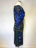 MARKS & SPENCER AUTOGRAPH BLUE MIX PRINT 3/4 SLEEVE PENCIL DRESS SIZE 8
