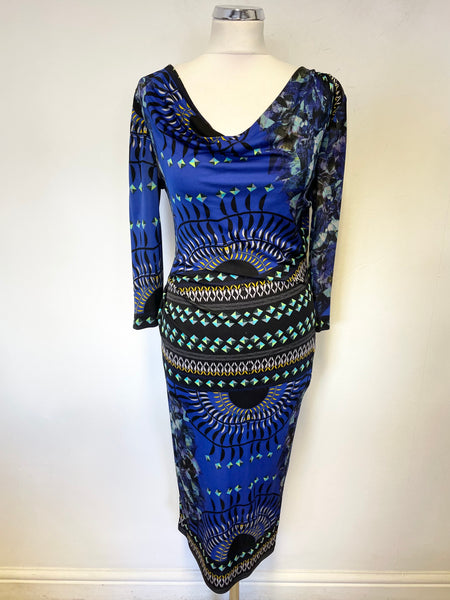 MARKS & SPENCER AUTOGRAPH BLUE MIX PRINT 3/4 SLEEVE PENCIL DRESS SIZE 8