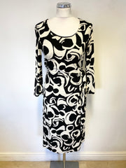 VIYELLA BLACK & WHITE PRINT 3/4 SLEEVED JERSEY PENCIL DRESS SIZE 8