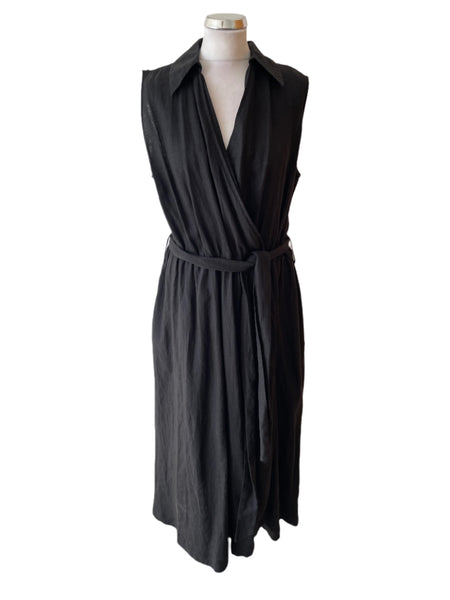 THE SHIRT COMPANY 100% LINEN BLACK SLEEVELESS MIDI WRAP DRESS SIZE 14
