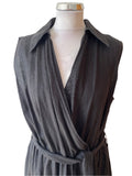 THE SHIRT COMPANY 100% LINEN BLACK SLEEVELESS MIDI WRAP DRESS SIZE 14