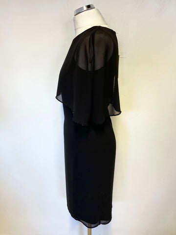 BRAND NEW GINA BACCONI BLACK BEAD TRIM CAPE OVERLAY SHIFT DRESS SIZE 8