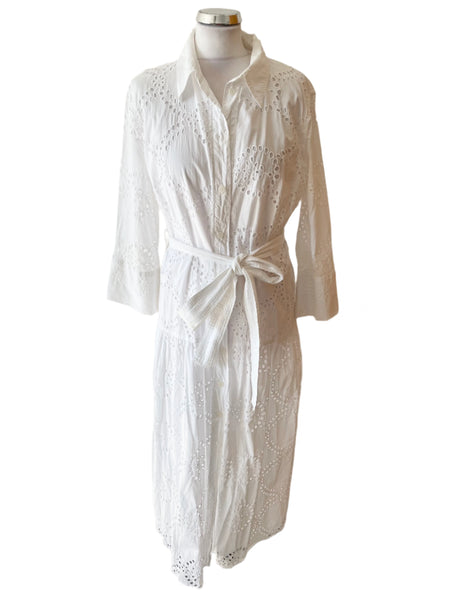 ZARA WHITE COTTON BROIDERIE ANGLAISE 3/4 SLEEVE FIT & FLARE MIDI DRESS SIZE XL UK 14/16