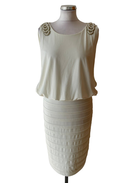 BRAND NEW KALEIDOSCOPE IVORY STRETCH JERSEY PEARL EMBELLISHED PENCIL DRESS SIZE 12