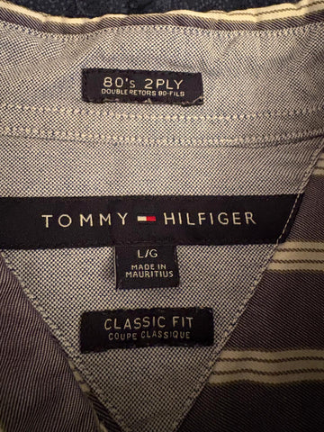 TOMMY HILFIGER BLUE & WHITE STRIPED LONG SLEEVED SHIRT SIZE L