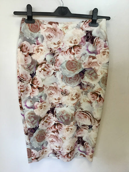 MARKS & SPENCER PINK FLORAL PRINT PENCIL SKIRT SIZE 10