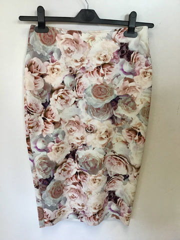 MARKS & SPENCER PINK FLORAL PRINT PENCIL SKIRT SIZE 10