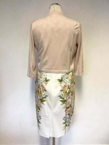 HOBBS WHITE & PALE PINK FLORAL PRINT PENCIL DRESS & MATCHING BOLERO CARDIGAN SIZE 10