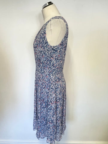 JIGSAW BLUE & PINK PRINT SILK SLEEVELESS FIT & FLARE DRESS SIZE 12