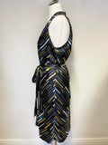 BRAND NEW JAEGER BLACK & MULTI COLOURED PRINT TIE BELT SLEEVELESS DRESS SIZE 16