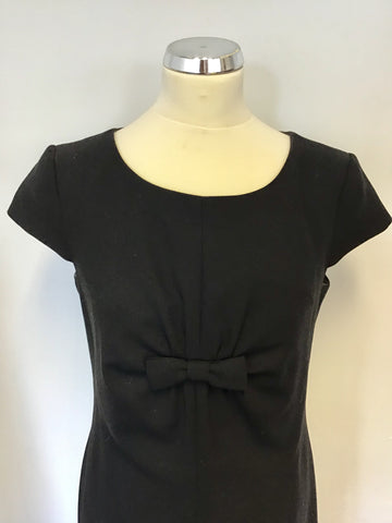 HOBBS BLACK WOOL BOW TRIM CAP SLEEVE PENCIL DRESS SIZE 12