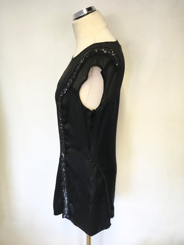 MINT VELVET BLACK SILK EMBELLISHED TRIM SLEEVELESS TUNIC TOP SIZE 14