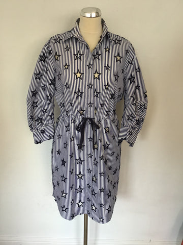 BRAND NEW SANDRO PARIS BLUE & WHITE STRIPE EMBROIDERED STAR SHIRT DRESS SIZE 1 UK S