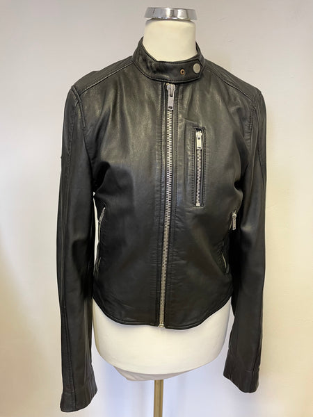 SUPERDRY BLACK COLLARLESS ZIP UP BIKER JACKET SIZE M