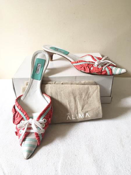 ALIMA WHITE,CORAL & MINT GREEN LEATHER KITTEN HEEL MULES SIZE 5/38