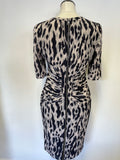 WHISTLES BLACK,GREY & NUDE PRINT SILK SHORT SLEEVE REAR ZIP PENCIL DRESS SIZE 12