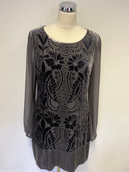PHASE EIGHT DARK GREY VELVET PRINT WITH SEQUINS LONG SLEEVE SHIFT DRESS SIZE 12