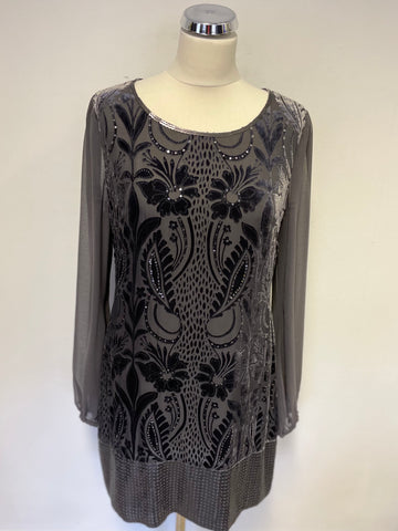 PHASE EIGHT DARK GREY VELVET PRINT WITH SEQUINS LONG SLEEVE SHIFT DRESS SIZE 12