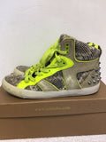ASH SONIC TAUPE SNAKESKIN & FLUORESCENT YELLOW TRIM HIGH TOP PLIMSOLS SIZE 4/37