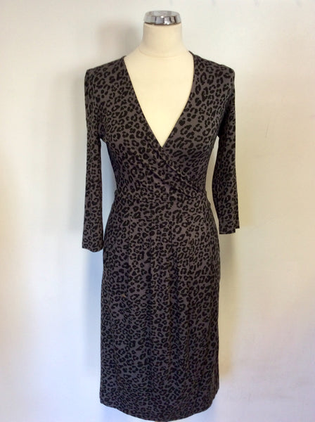 JAEGER BLACK & DARK GREY LEOPARD PRINT STRETCH JERSEY DRESS SIZE 8