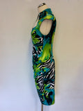 FRANK LYMAN TURQOUISE & GREEN TROPICAL PRINT PENCIL DRESS SIZE 12