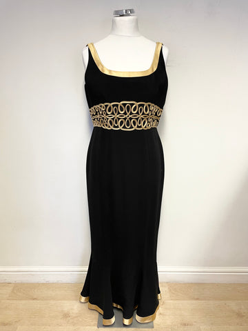 HELEN SYKES BLACK & GOLD BRAID TRIMMED LONG EVENING DRESS & MATCHING BOLERO JACKET SIZE 16
