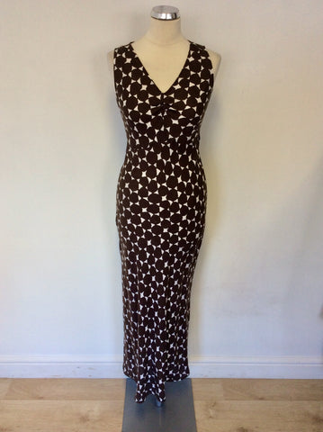 HOBBS BROWN & WHITE SPOT PRINT LONG LINEN DRESS SIZE 10