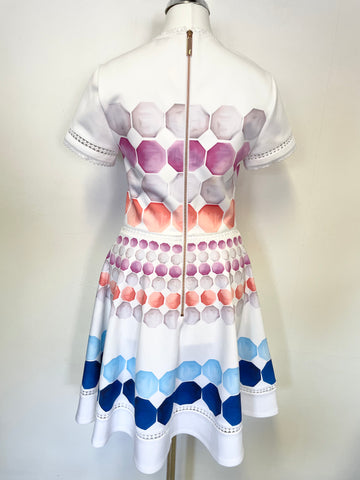 TED BAKER MYLEY MARINA WHITE MOSAIC PRINT SHORT SLEEVE SHATER DRESS SIZE 1 UK 8/10