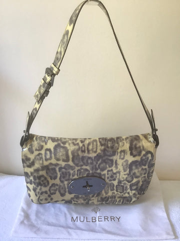 MULBERRY CREAM & GREY LEOPARD PRINT PATENT LEATHER BAYSWATER SHOULDER BAG