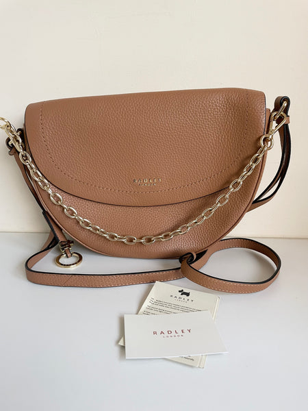 RADLEY LONDON CAMEL LEATHER CROSS BODY OR GOLD CHAIN SHOULDER BAG