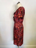 JIGSAW DARK RED,ORANGE & BROWN SHADES SILK FRILL TRIM SHEATH DRESS SIZE 10