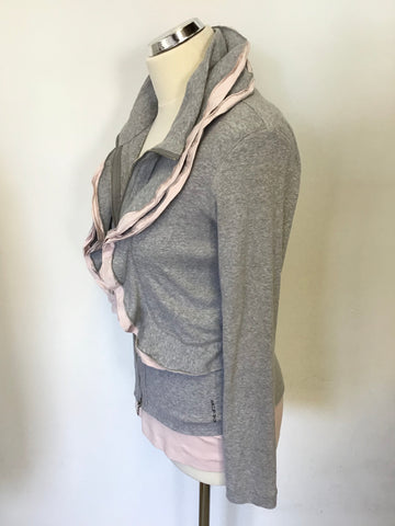 MARCCAIN GREY & PINK TRIM FRILL ZIP UP TOP & MATCHING VEST TOP SIZE 4 UK 14