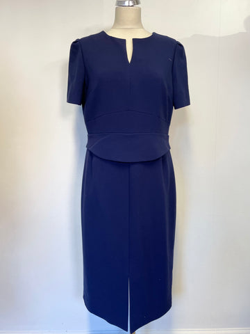 HOBBS BLUE SHORT SLEEVE PEPLUM TRIM PENCIL DRESS SIZE 14