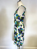 PHASE EIGHT IVORY WITH TURQUOISE,PURPLE & GREEN FLORAL PRINT SLEEVELESS BELTED DRESS SIZE 12