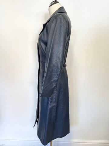 VINTAGE COUNTY PETROL BLUE LEATHER COAT SIZE UK 8/10