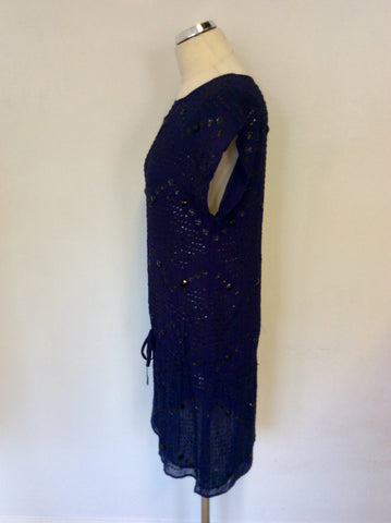 WHISTLES BLUE & BLACK BEADED & SEQUINNED EMBELISHMENT SHIFT DRESS SIZE 10