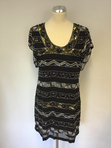 FRENCH CONNECTION BLACK BEADED & SEQUINNED SHIFT DRESS SIZE 12