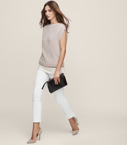 REISS LUCINDA NUDE & WHITE TEXTURED STRIPE SLEEVELESS KNIT TOP SIZE M