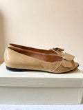 MAX MARA CAMEL PATENT LEATHER PEEP TOE BOW TRIM FLATS SIZE 7/40