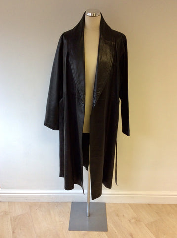 JASPER CONRAN BLACK LEATHER BELTED LONG COAT SIZE 12 FIT SIZE 14/16