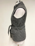 HOBBS GREY WOOL BLEND QUILTED  BELTED COLLARLESS GILET SIZE 8